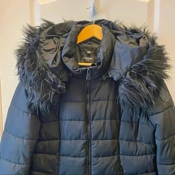 Bebe Long Quilted Winter Puffer Coat Faux Fur Trim Hood Black Size Large - Picture 5 of 16